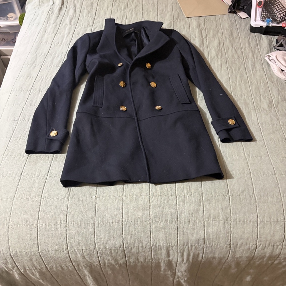 Zara Navy Double-Breasted Pea Coat with Gold Buttons